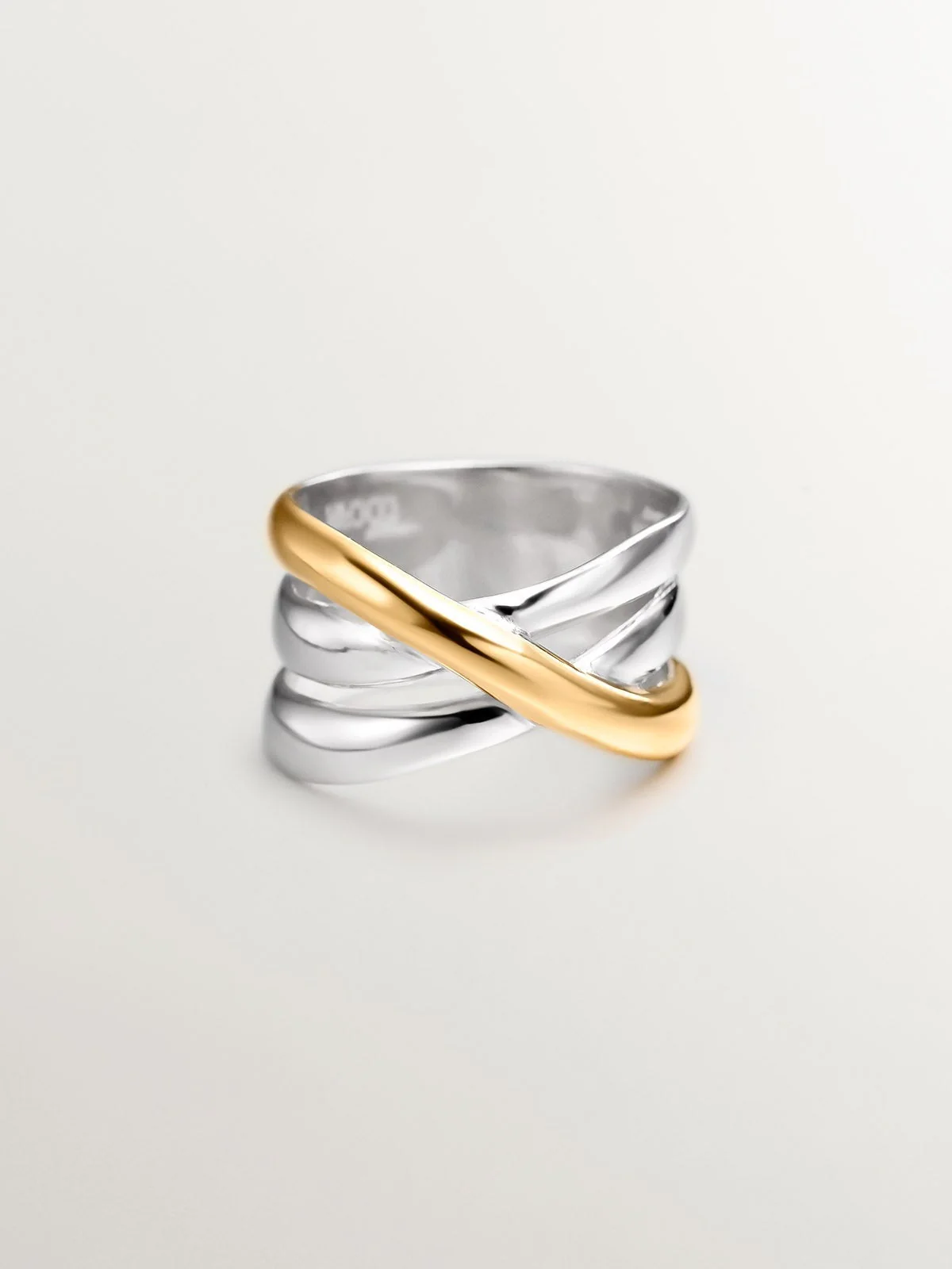 Anillo ancho triple cruzado bicolor de plata 925 y plata 925 bañada en oro amarillo de 18K - Image 3