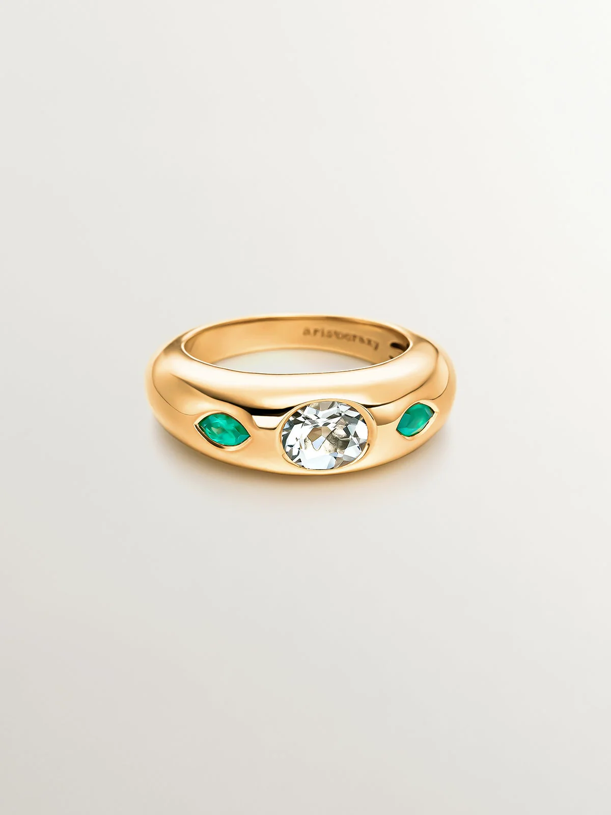 Anillo de plata 925 bañada en oro amarillo de 18K con cuarzo verde central y ónix verdes - Image 3