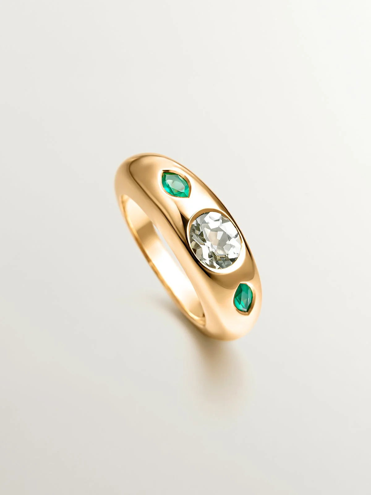 Anillo de plata 925 bañada en oro amarillo de 18K con cuarzo verde central y ónix verdes - Image 5