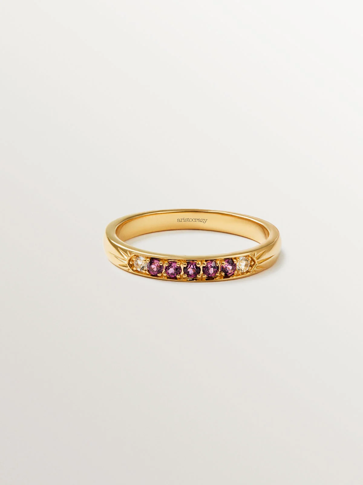 Anillo de plata 925 bañada en oro amarillo de 18K con rodolitas moradas y topacios blancos - Image 3