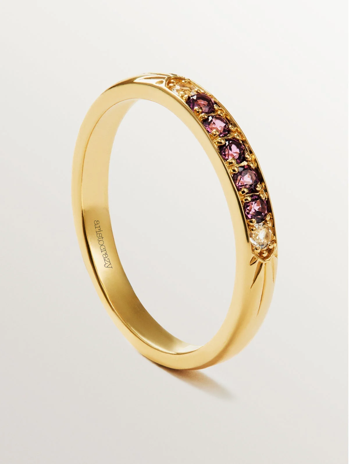 Anillo de plata 925 bañada en oro amarillo de 18K con rodolitas moradas y topacios blancos - Image 5