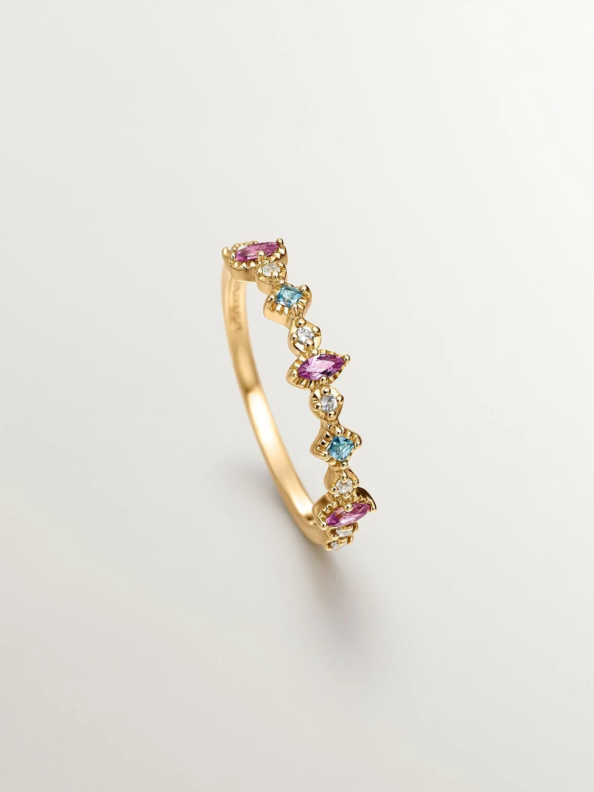 Anillo de plata 925 bañada en oro amarillo de 18K con topacios y rodolitas - Image 5