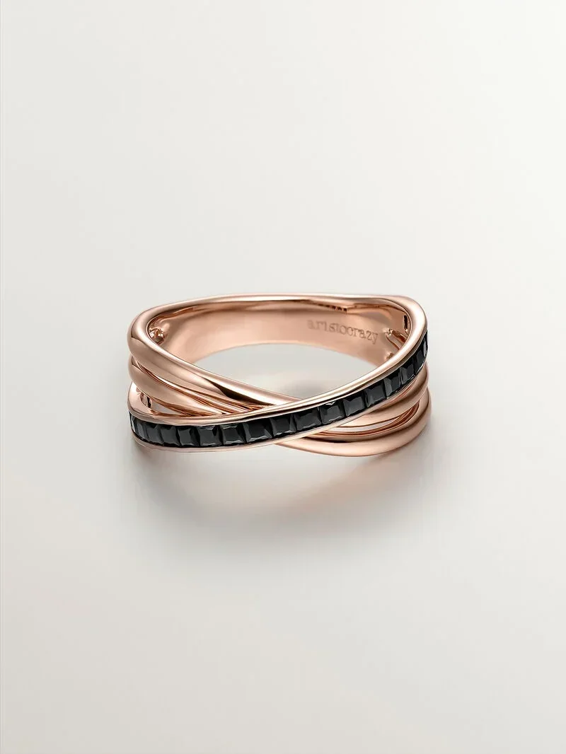 Anillo doble de plata 925 bañada en oro rosa de 18K con espinelas negras - Image 5