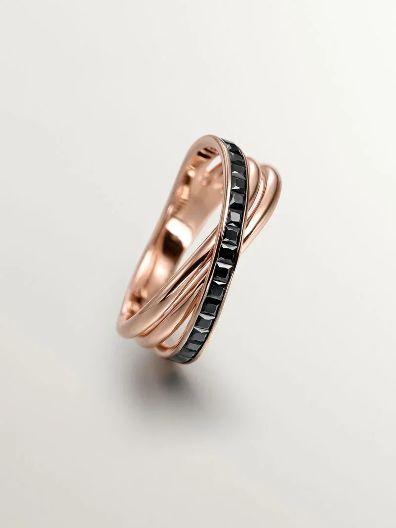 Anillo doble de plata 925 bañada en oro rosa de 18K con espinelas negras - Image 8