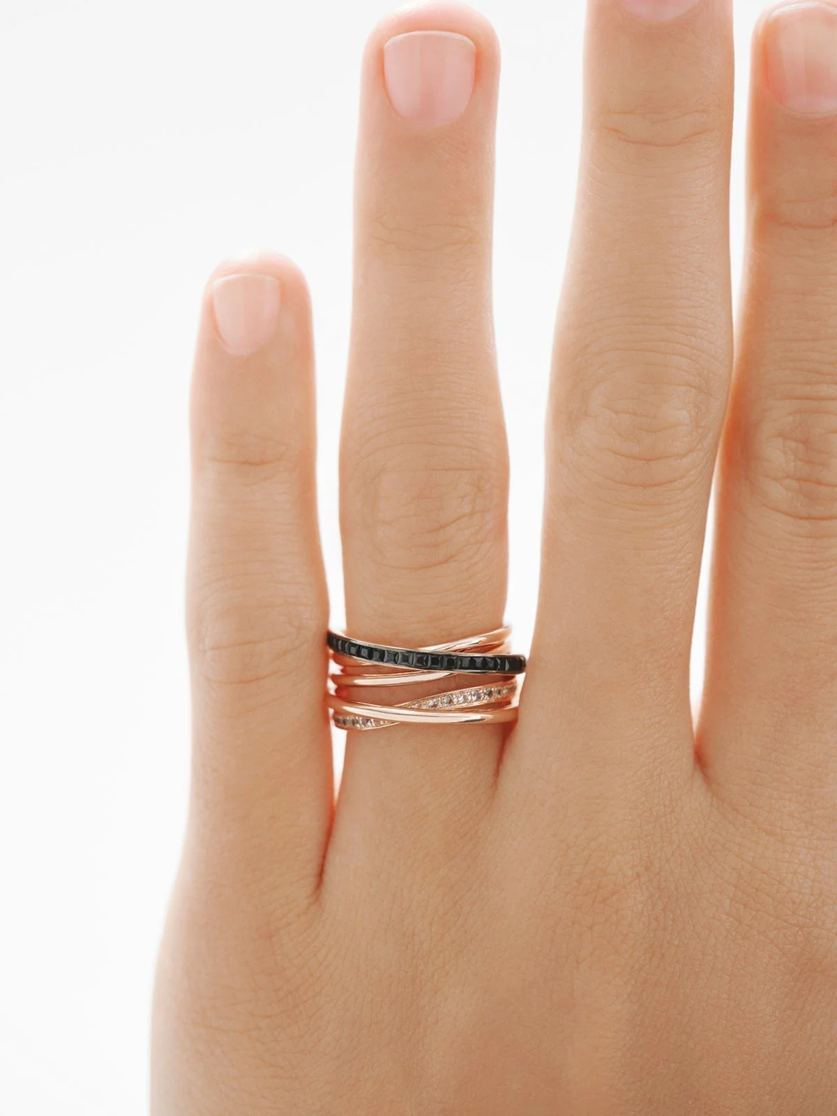 Anillo multibrazo de plata 925 bañada en oro rosa de 18K con topacios blancos y espinelas negras - Image 2