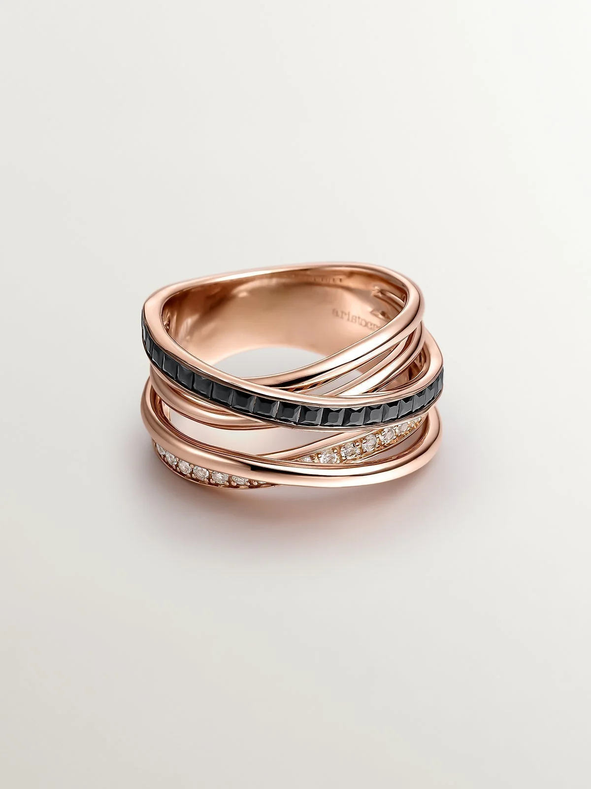 Anillo multibrazo de plata 925 bañada en oro rosa de 18K con topacios blancos y espinelas negras - Image 3