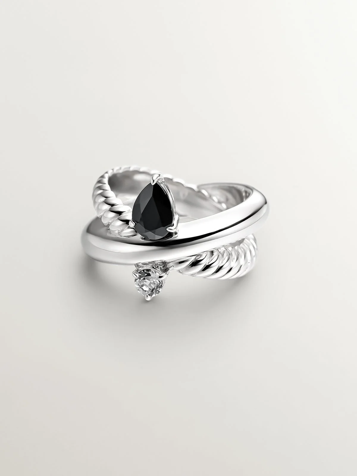 Anillo multibrazo de plata 925 con espinela negra y topacio blanco - Image 3