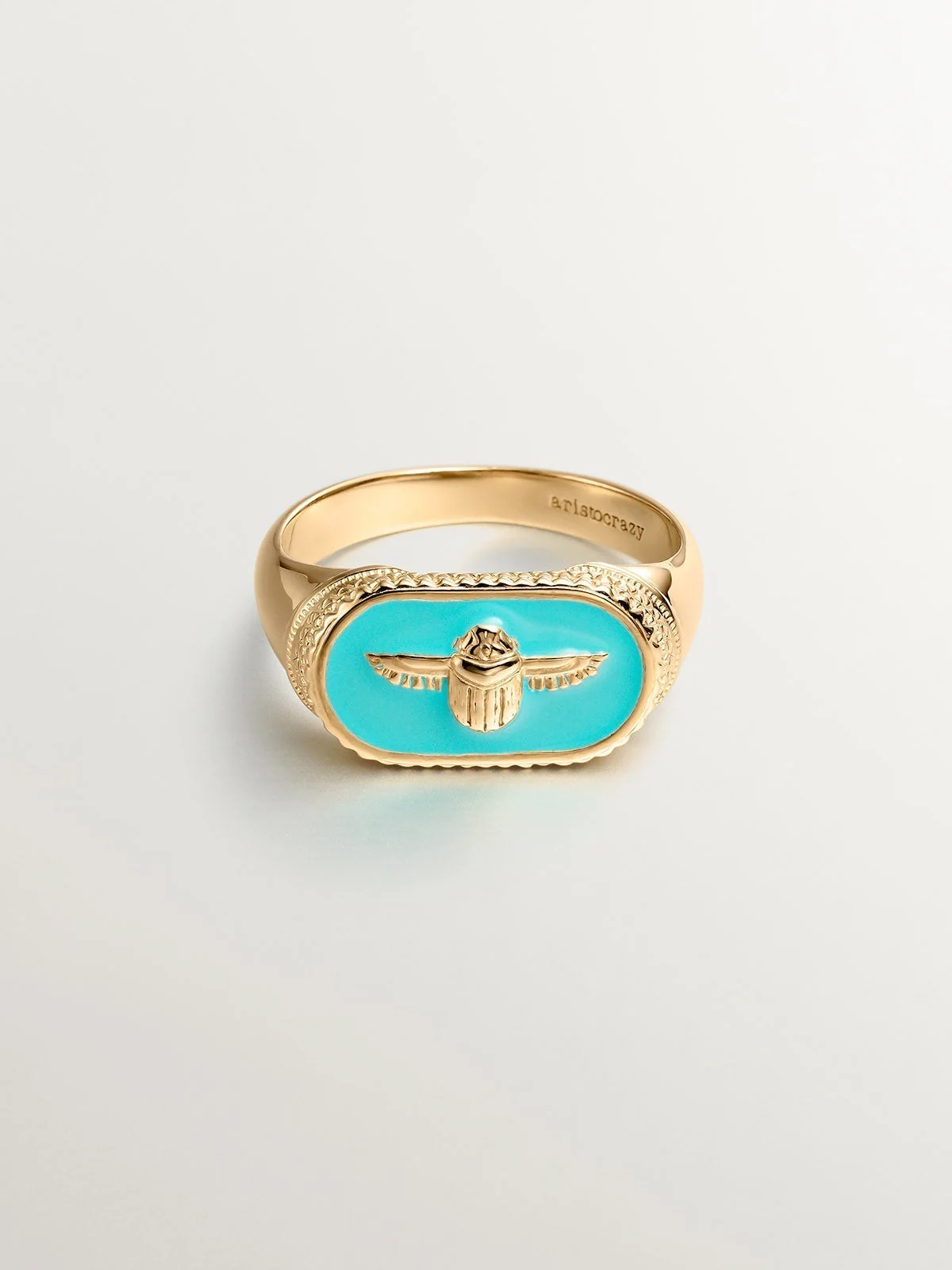 Anillo tipo sello de plata 925 bañada en oro amarillo de 18K con escarabajo y esmalte turquesa - Image 3