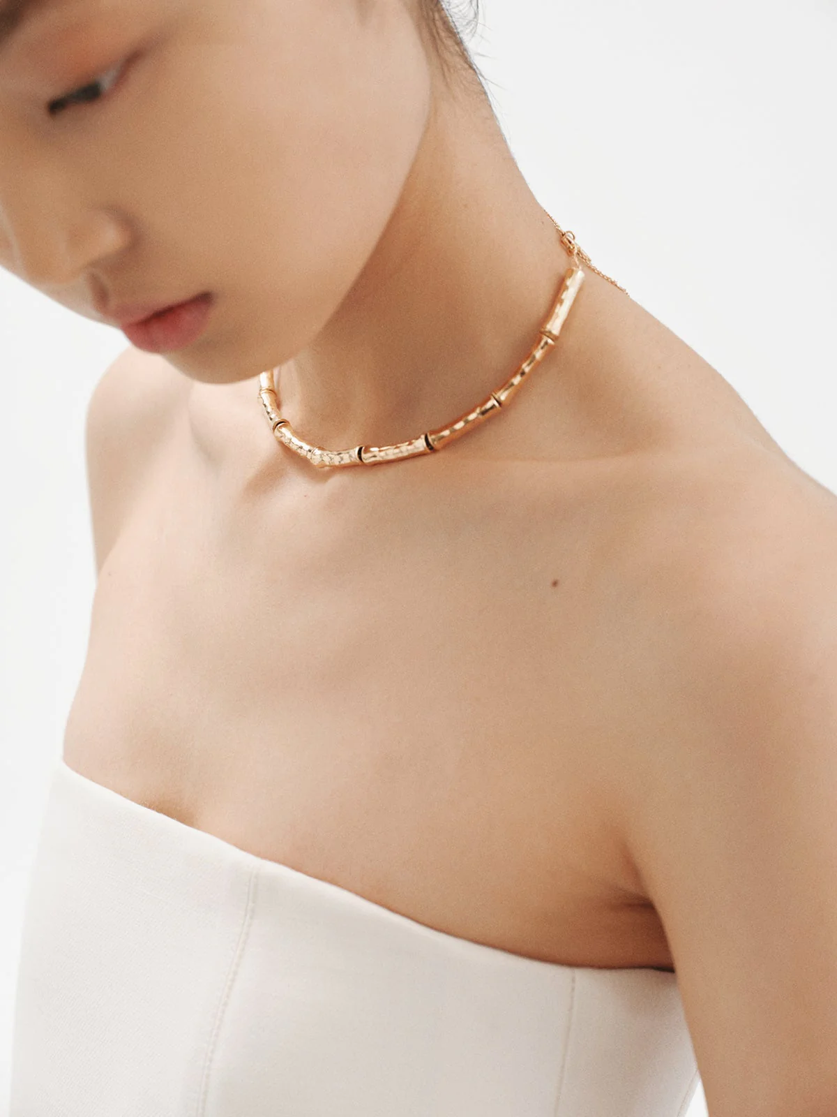 Collar de plata 925 bañada en oro amarillo de 18K con textura de bambú - Image 2