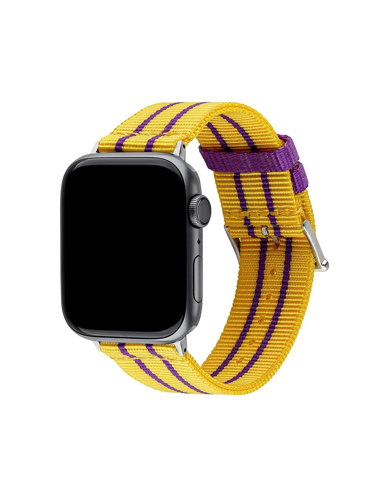 Correa para Apple Watch de nylon con rayas amarillo y morado - Image 3