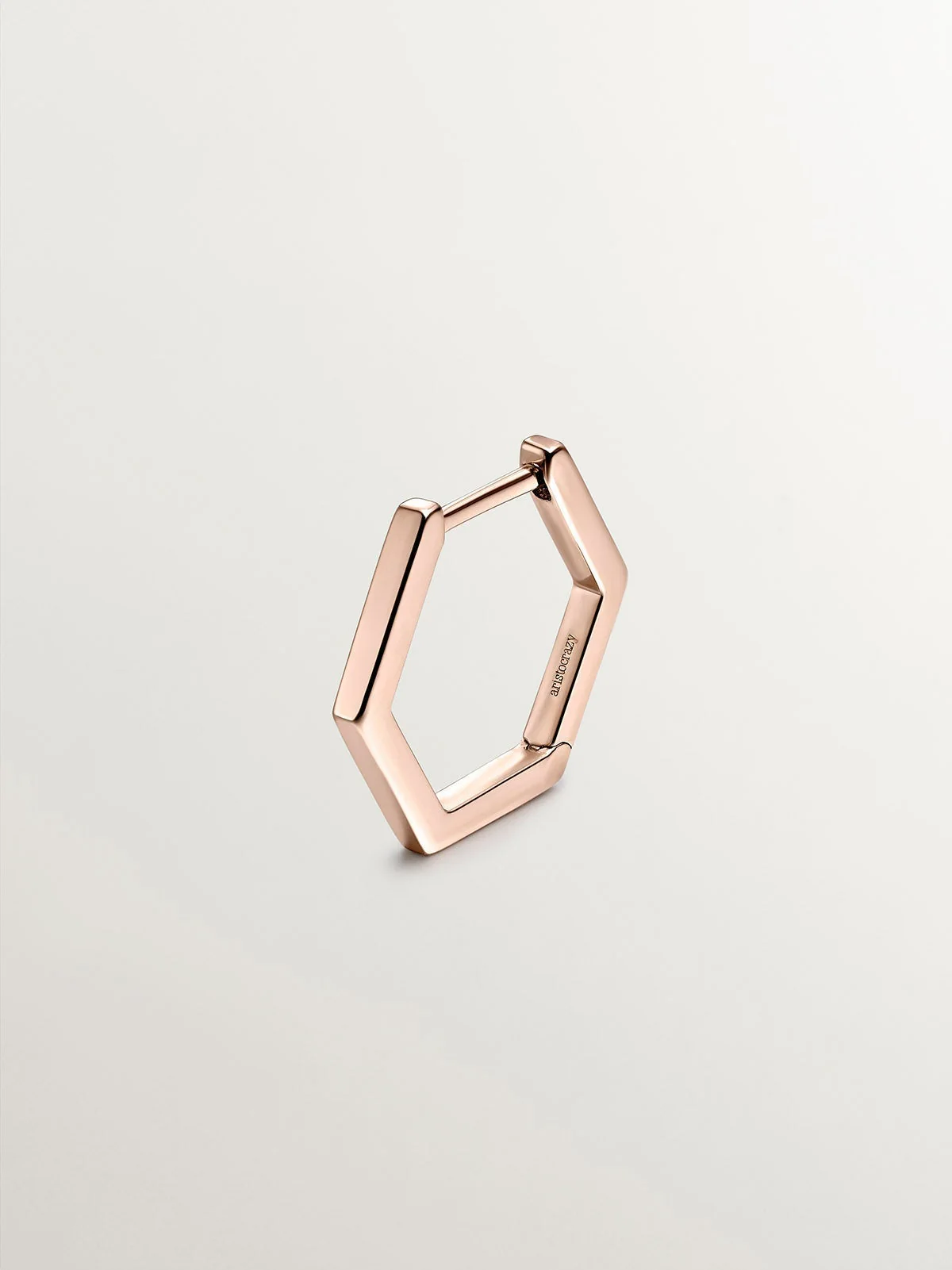 Pendiente individual de aro de oro rosa de 9K con forma hexagonal - Image 3