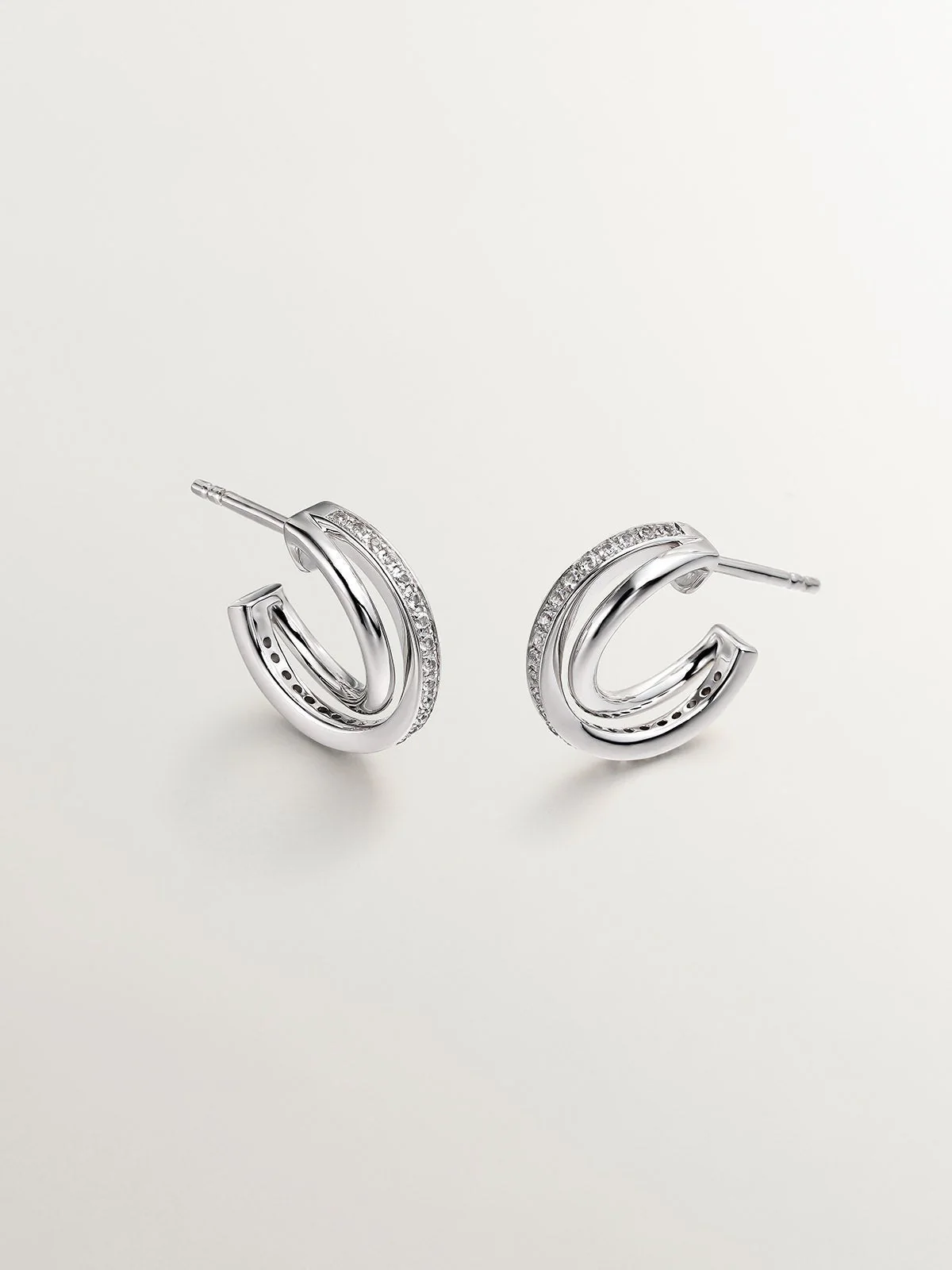 Pendientes de aro doble de plata 925 con topacios blancos