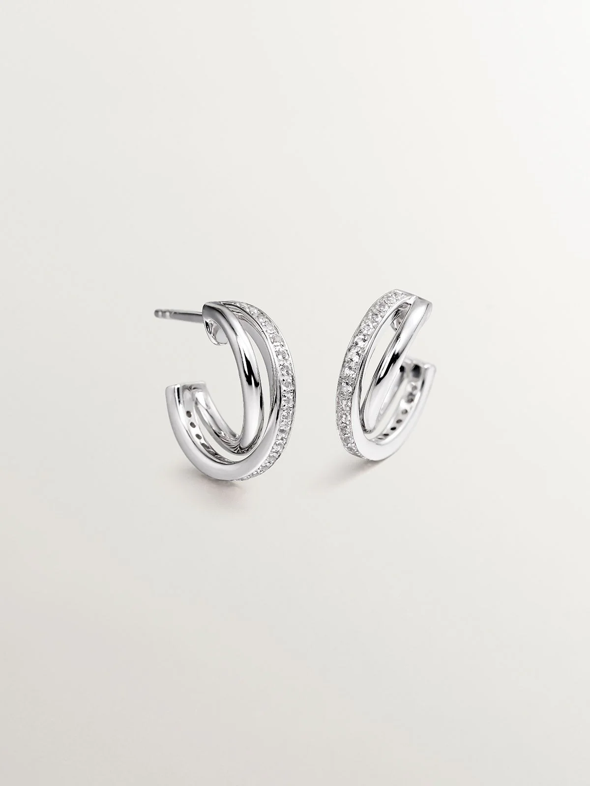 Pendientes de aro doble de plata 925 con topacios blancos - Image 5