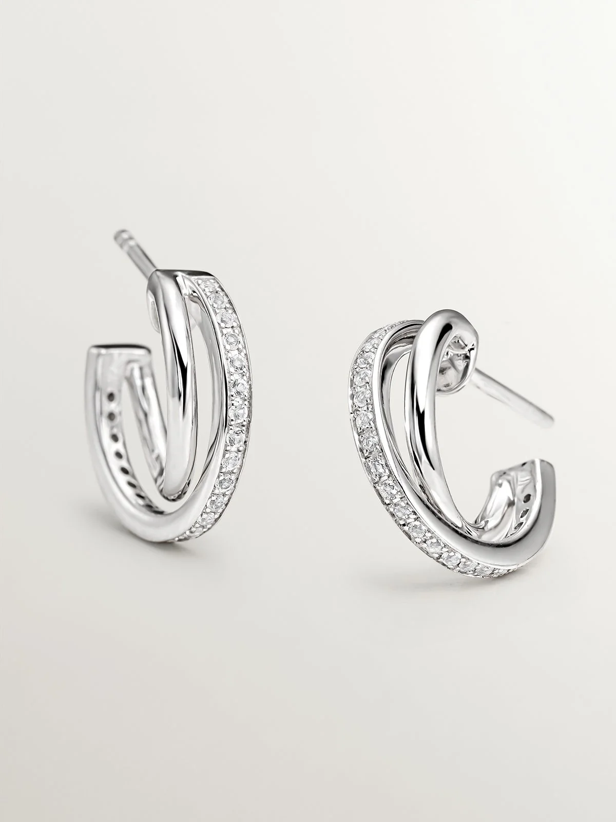 Pendientes de aro doble de plata 925 con topacios blancos - Image 8