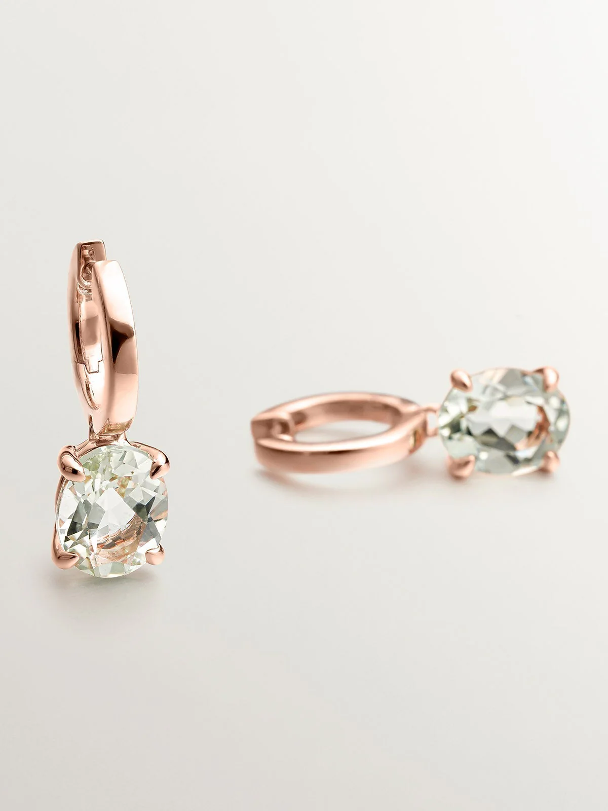 Pendientes de aro medianos de plata 925 bañada en oro rosa de 18K con cuarzo verde - Image 5