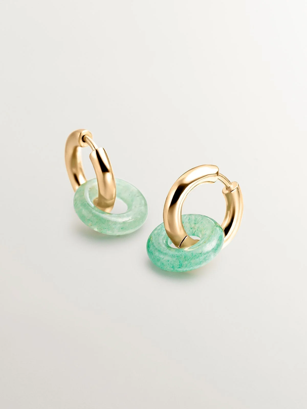 Pendientes de aro pequeños de plata 925 bañada en oro amarillo de 18K con aventurina verde - Image 7
