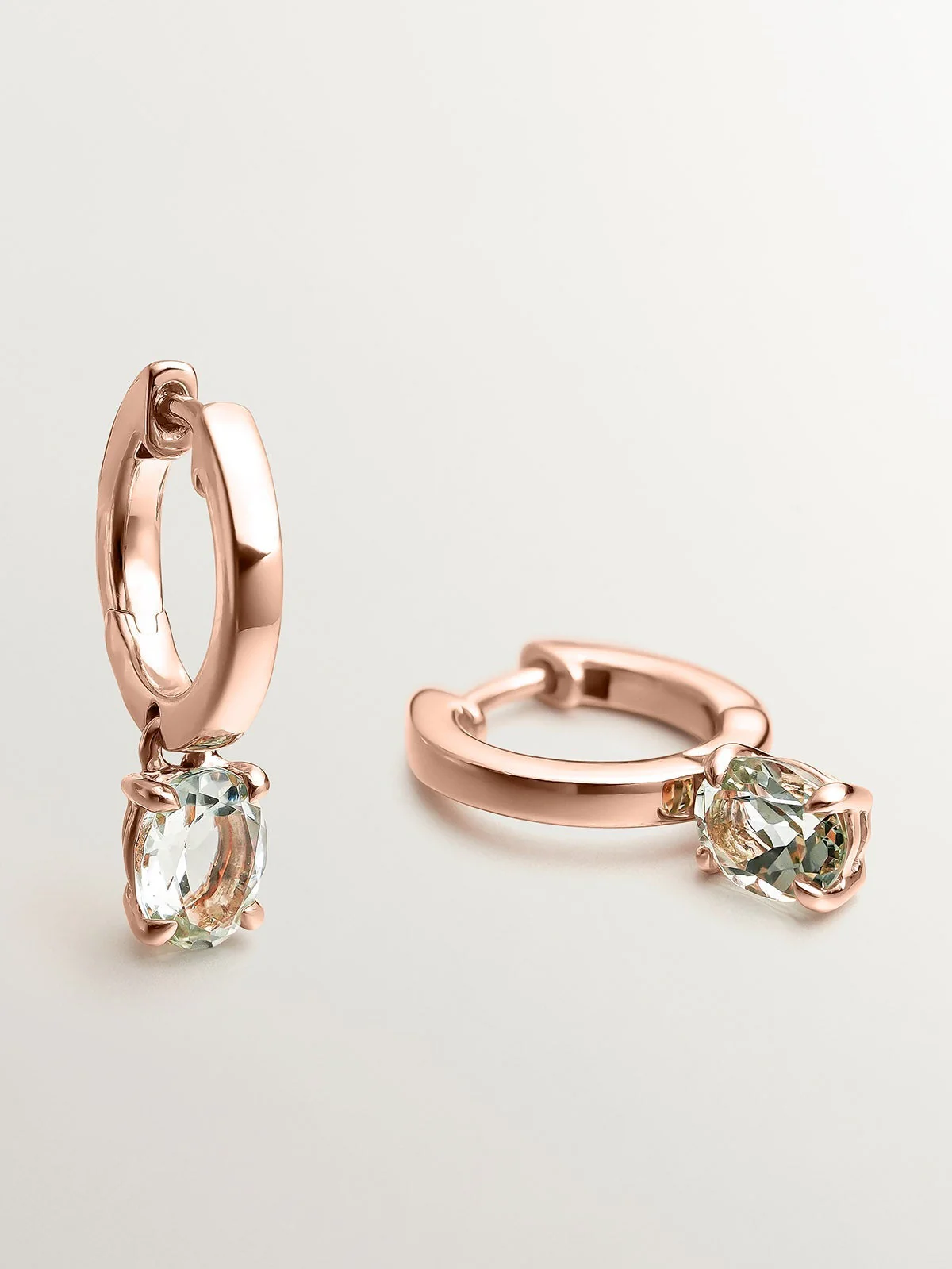 Pendientes de aro pequeños de plata 925 bañada en oro rosa de 18K con cuarzo verde - Image 5