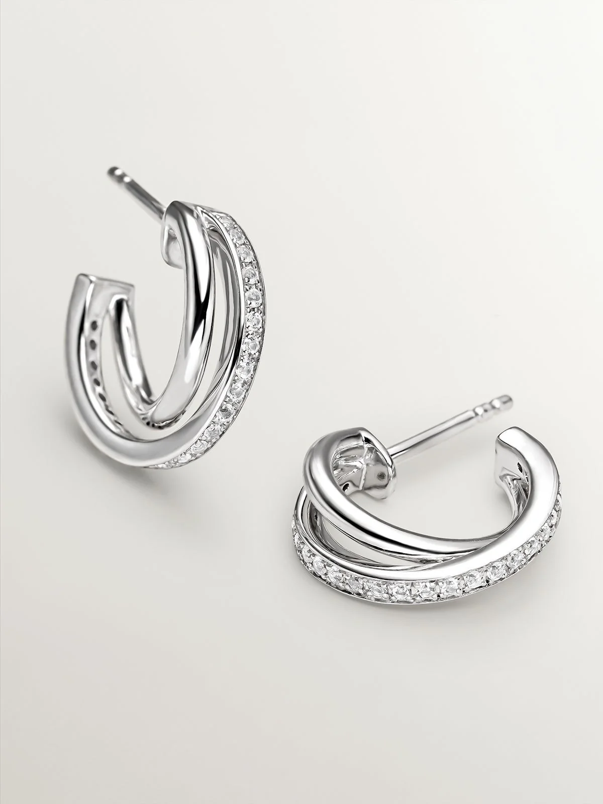 Pendientes de aro triple de plata 925 con topacios blancos - Image 5