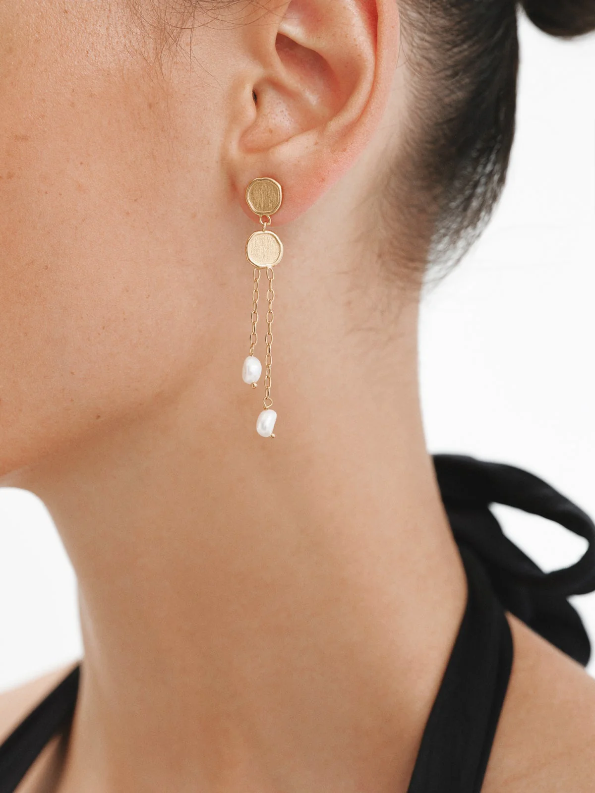 Pendientes largos de plata 925 bañada en oro de 18K con perlas colgantes - Image 2