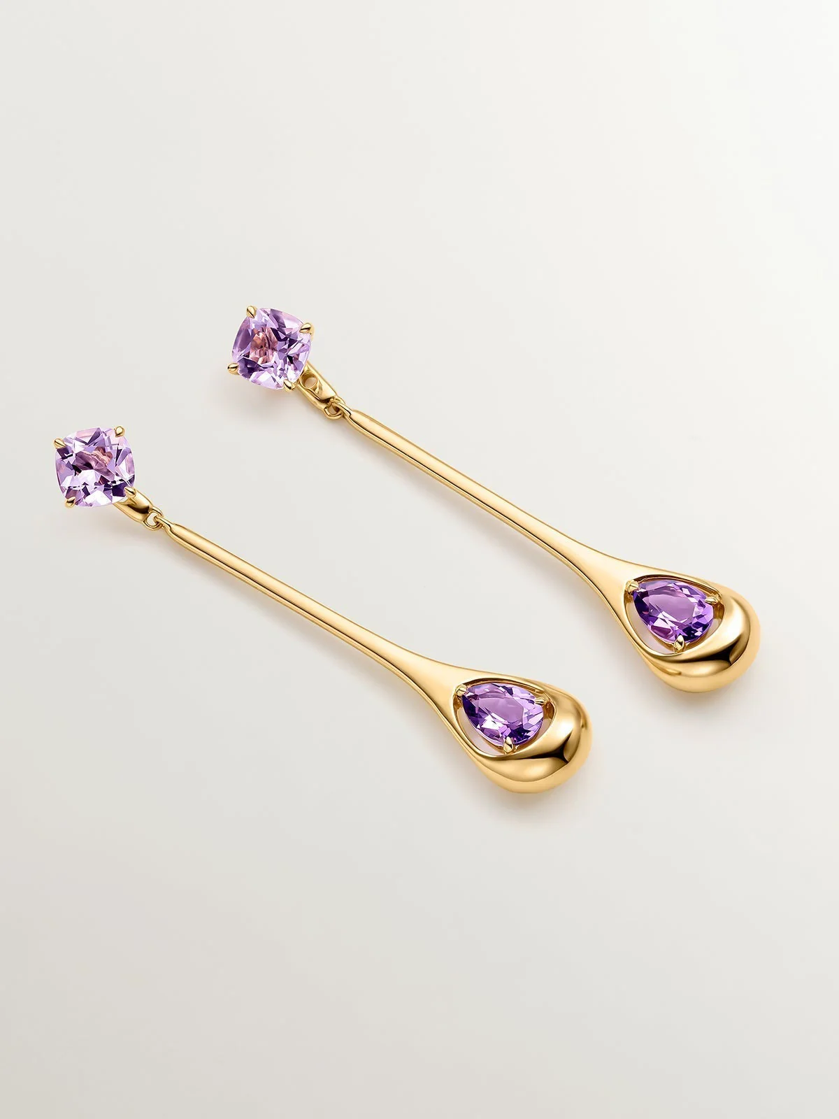 Pendientes largos de plata 925 con amatistas rosas y moradas