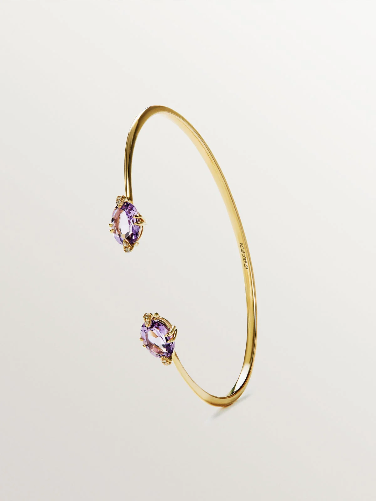 Pulsera abierta de oro amarillo de 9K con amatistas rosas y diamantes - Image 3