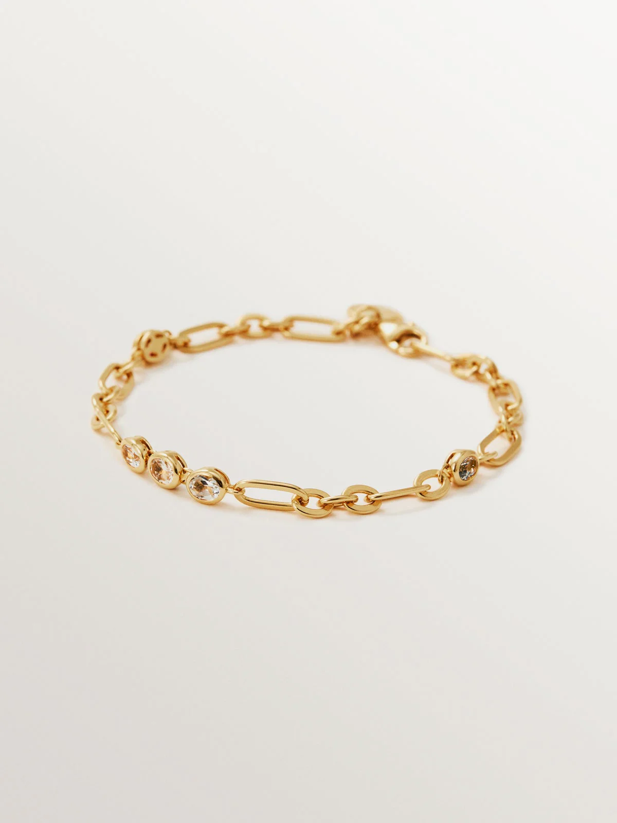 Pulsera de cadena de plata 925 bañada en oro amarillo de 18K con topacios blancos