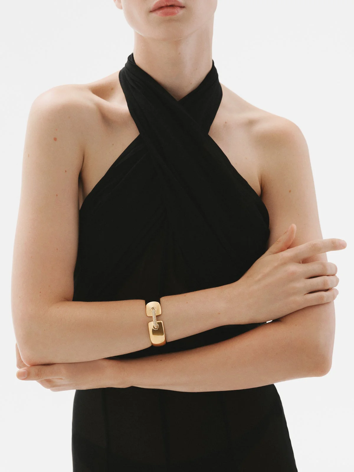 Pulsera rígida de plata 925 bañada en oro amarillo de 18K con pavé de topacios blancos - Image 4