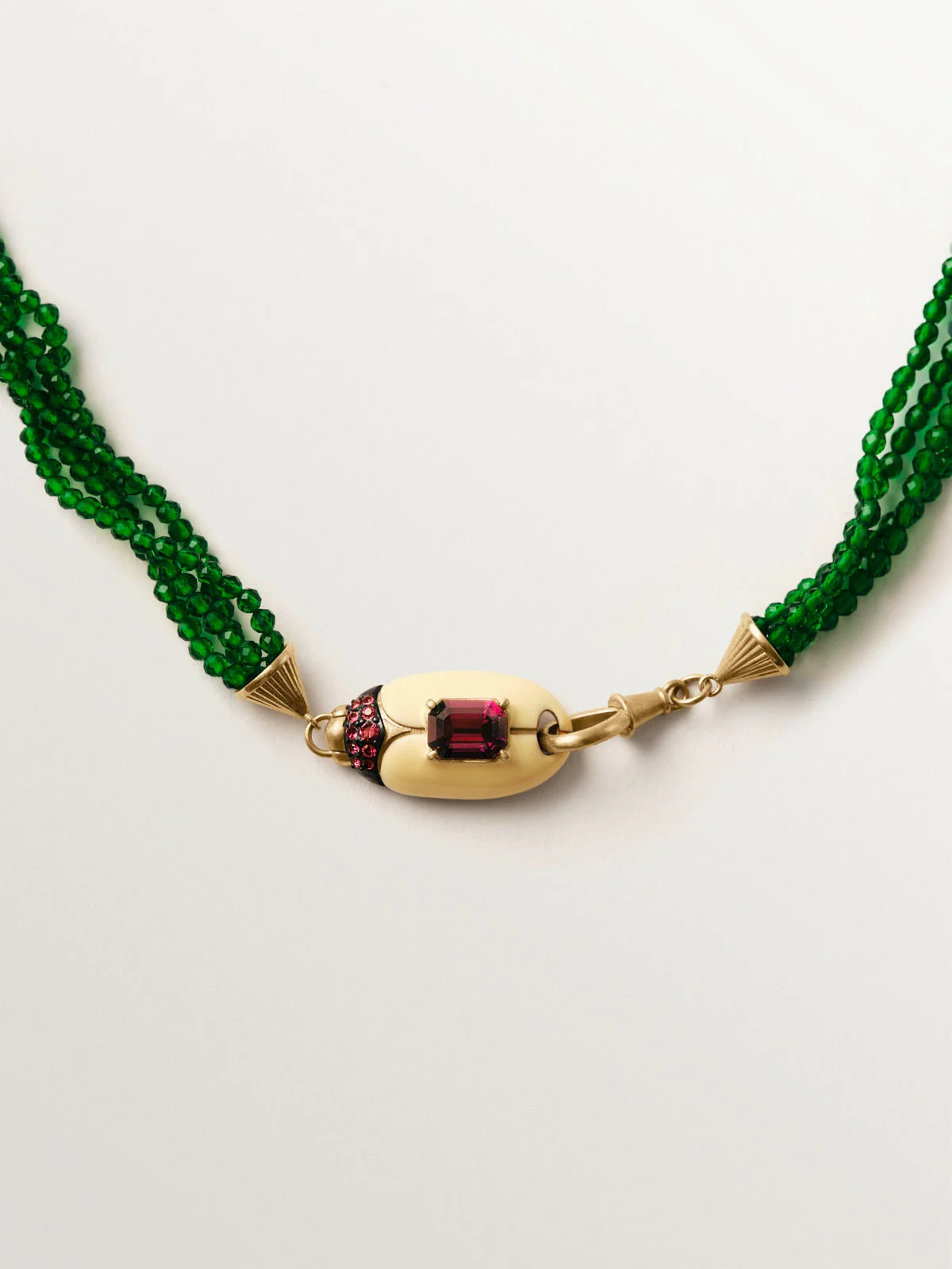 Yellow gold-plated necklace with green crystal beads and beetle shape with purple crystals - Image 3