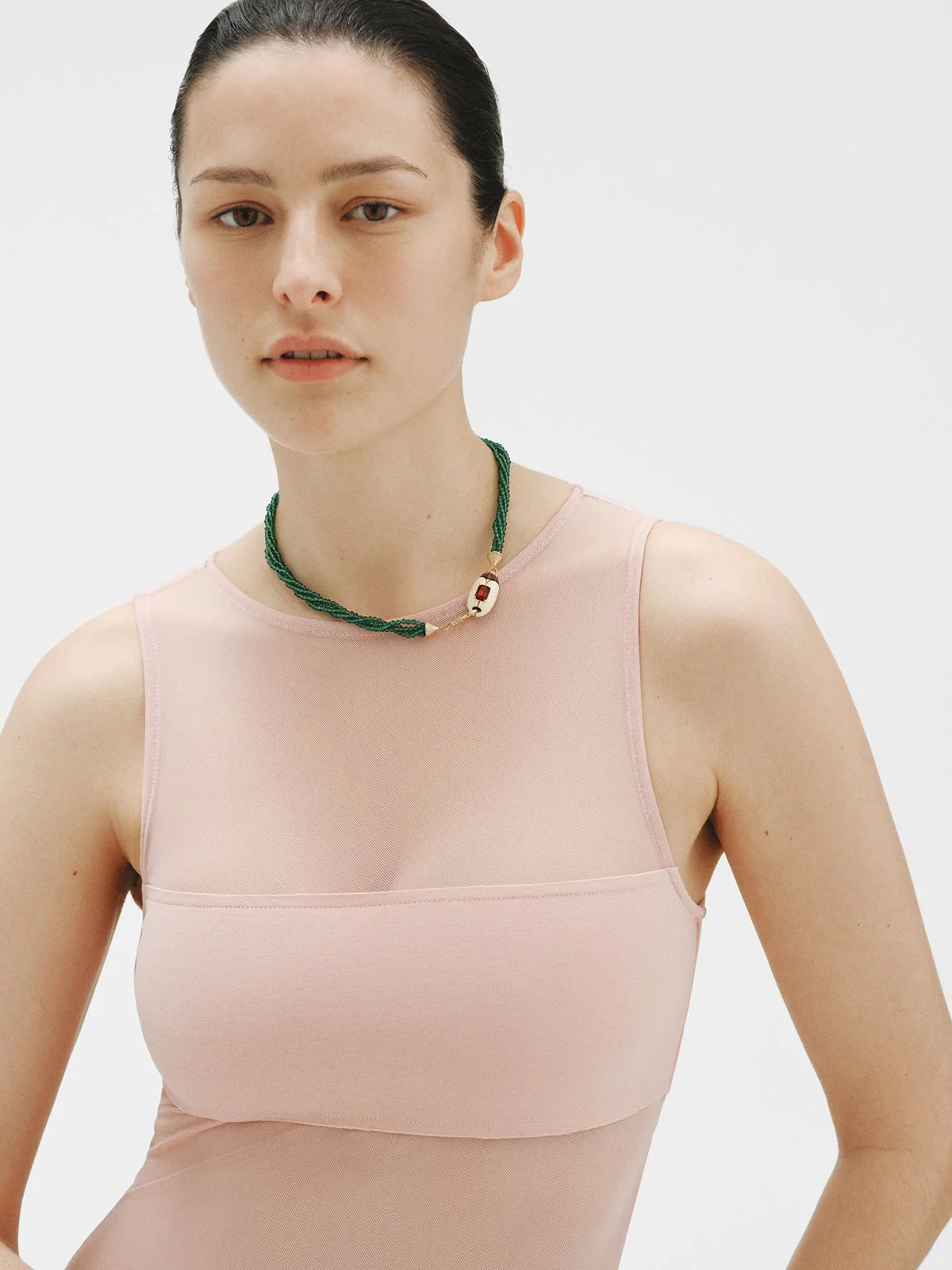 Yellow gold-plated necklace with green crystal beads and beetle shape with purple crystals - Image 6